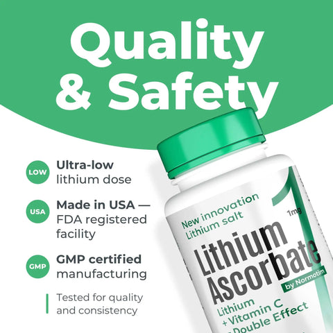 Bottle of Lithium Supplement 1 Mg Tablets For Calm, Focus And Mental Clarity, Non Drowsy Formula With Fast Dissolve, 60 Count