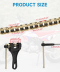 Image showing 428H chain's dimensions for 125cc-200cc dirt bikes, ATVs, go-karts, with installation tools and a bike in the background.