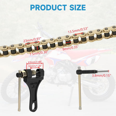 Image showing 428H chain's dimensions for 125cc-200cc dirt bikes, ATVs, go-karts, with installation tools and a bike in the background.