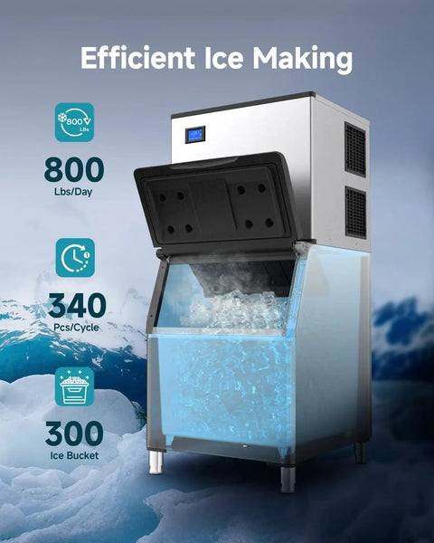 Heavy Duty Commercial Ice Maker Machine 800 Lbs Per Day With 300 Lbs Storage Bin Ice Ready In 10 To 15 Minutes Stainless Steel