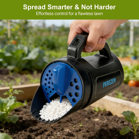 Handheld Spreader For Lawn Care 3 In 1 Seed Fertilizer Ice Melt With Adjustable Openings And 84 Oz Capacity in use in garden