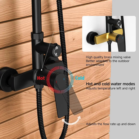 Heavy Duty Outdoor Shower Kit With Single Handle Solid Brass Valve 8 Inch Rain Head Sleek Matte Black Finish Hella Durable Setup No Sweat Wall Mount Install For Backyard Relaxation