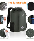 20L Waterproof Dry Bag Backpack with Roll Top Closure, waist pouch, and phone case shown in green with waterproof material details