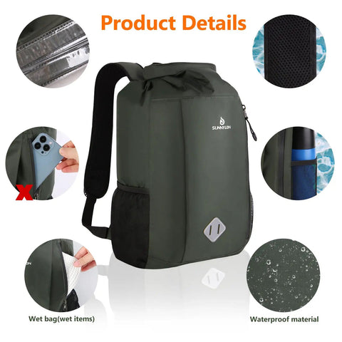 20L Waterproof Dry Bag Backpack with Roll Top Closure, waist pouch, and phone case shown in green with waterproof material details