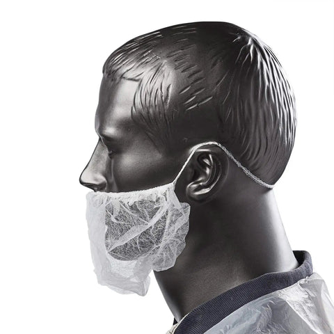 Side view of mannequin wearing Latex Free Polypropylene Beard Protector For Food Service And Industrial Use Breathable Spun Bond Material
