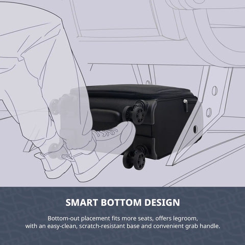 14 Inch Underseat Carry On Luggage With Spinner Wheels And USB Charging Port shown fitting under airline seat