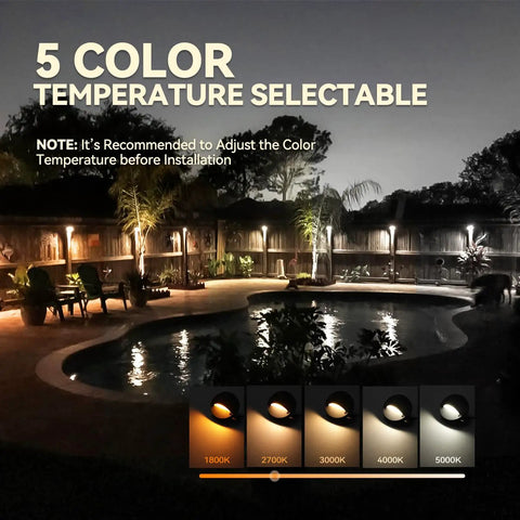 Outdoor setting with 12-Pack Low Voltage LED Deck Lights With 5 CCT Settings, showing 5 selectable color temperatures.