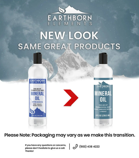 Pure Mineral Oil For Wood Care 8 Fl Oz No Additives Colorless Odorless Tasteless Safe For Cutting Boards Butcher Blocks And Wooden Utensils Undiluted Packaged In The USA new and old packaging comparison with mountain background.