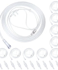 Anglechic adult nasal cannula 10-pack with soft curved nosepiece and 10 tube connectors; clear lightweight tubing.