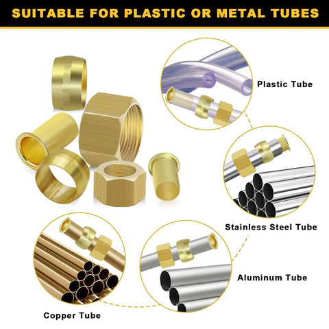 Brass compression fittings kit with sleeves, ferrules, inserts and nuts for tubing; 1/8–1/2 in ODs, 6 sizes.