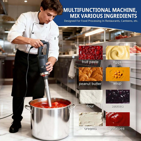 Heavy Duty Commercial Immersion Blender Kickass Kitchen Workhorse Pure Copper Motor Variable Speed Handheld Stick Mixer Professional Restaurant Grade Soup Blender For Silky Smooth Creations 20 Inch Shaft in use making soup.