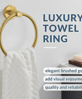 Wall Mounted Brushed Gold Towel Ring Crafted From Solid 304 Stainless Steel Rustproof And Built Tough For Bathroom Decor Or Kitchen Sink Station That Holds Up Under Pressure While Looking Fresh And Making Your Space Pop with white towel.