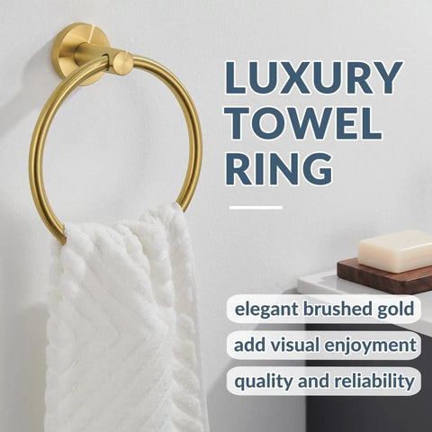 Wall Mounted Brushed Gold Towel Ring Crafted From Solid 304 Stainless Steel Rustproof And Built Tough For Bathroom Decor Or Kitchen Sink Station That Holds Up Under Pressure While Looking Fresh And Making Your Space Pop with white towel.