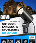 30W Outdoor LED Spotlight Waterproof Landscape Light 120V 3000LM Warm White 3000K With 6 Foot Cord For Flag Poles Trees Yards Gardens Pathway Decor Lit Patio Lighting