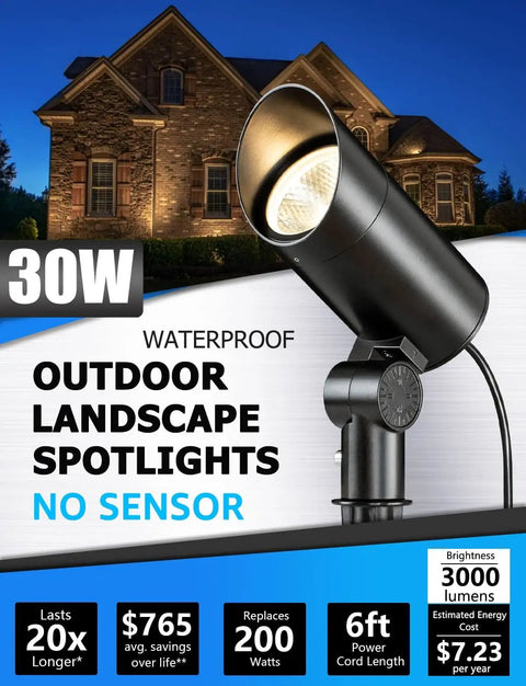 30W Outdoor LED Spotlight Waterproof Landscape Light 120V 3000LM Warm White 3000K With 6 Foot Cord For Flag Poles Trees Yards Gardens Pathway Decor Lit Patio Lighting