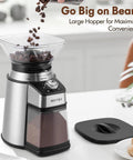 Electric Conical Burr Coffee Grinder With 17 Grind Settings From French Press To Espresso features a large hopper for easy bean filling.