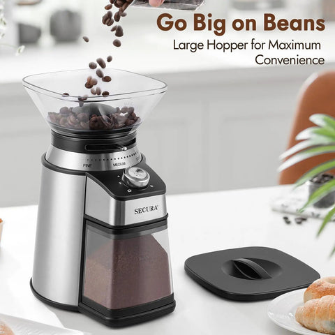 Electric Conical Burr Coffee Grinder With 17 Grind Settings From French Press To Espresso features a large hopper for easy bean filling.