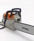 Battery Operated Chainsaw Keyring With Realistic Sound Effects, Orange Mini Tool Charm with silver chain attached.