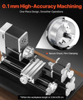 Close-up of Didactical Mini Metal Lathe For DIY Projects 20,000 RPM 36W Power Lathe with 3 jaw chuck, showing aluminum handwheel.