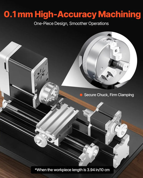 Close-up of Didactical Mini Metal Lathe For DIY Projects 20,000 RPM 36W Power Lathe with 3 jaw chuck, showing aluminum handwheel.