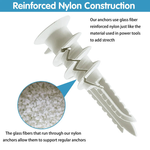 Close-up of glass fiber reinforced nylon anchor from Heavy Duty Drywall Anchors And Screws Kit 200 Pieces Self Drilling.