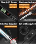 Pro Grade Soldering Iron Kit With 80W Power And LCD Temperature Readout From 180 To 520 Degrees Celsius, A Handy 13 In 1 Electronics Repair Kit With On Off Switch, Solder Wire, Flux, Five Tips, Desoldering Pump, Stand And Tweezers showing LCD display, heating elements, ventilation holes, and on-off switch.