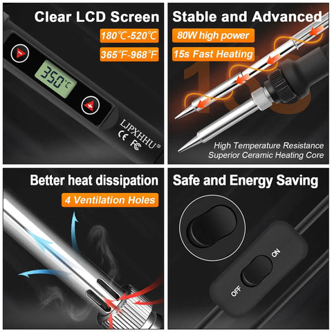 Pro Grade Soldering Iron Kit With 80W Power And LCD Temperature Readout From 180 To 520 Degrees Celsius, A Handy 13 In 1 Electronics Repair Kit With On Off Switch, Solder Wire, Flux, Five Tips, Desoldering Pump, Stand And Tweezers showing LCD display, heating elements, ventilation holes, and on-off switch.