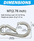 Front view of marine-grade 316 stainless steel carabiner (M7, 2.76 in) with dimension arrows.