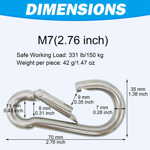 Front view of marine-grade 316 stainless steel carabiner (M7, 2.76 in) with dimension arrows.