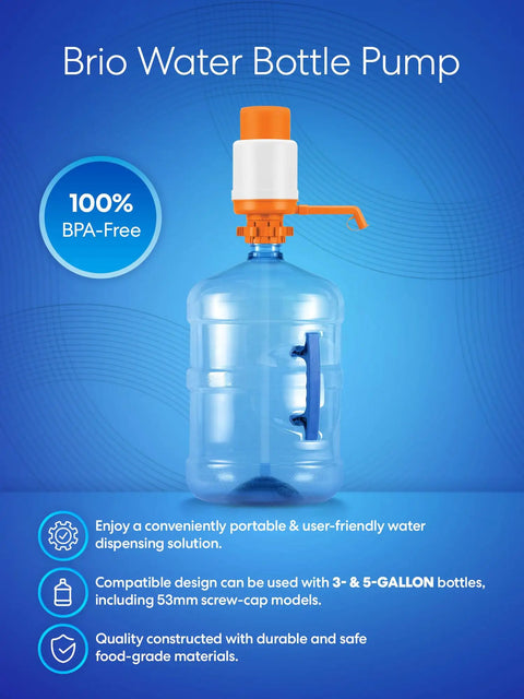 Universal Manual Water Pump for 2 to 6 Gallon Bottles, Adjustable Tube on a blue background with 5-gallon bottle.