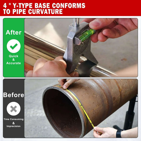 Anblak pipe center finder with 4-inch Y-base and dial protractor, front view showing alignment on a metal pipe