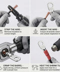 Four steps demonstrating the use of Heavy Duty 10 Gauge Wire Connectors With Heat Shrink Tubing And Tinned Copper Ring Terminals For AWG 12 To 10 Automotive RV Solar And Outdoor Power Equipment Battery Terminal Ends.
