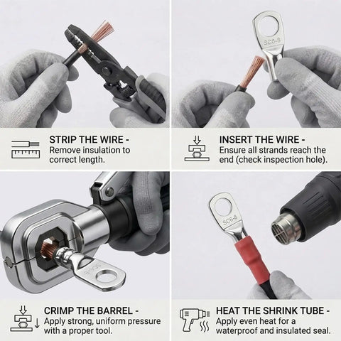 Four steps demonstrating the use of Heavy Duty 10 Gauge Wire Connectors With Heat Shrink Tubing And Tinned Copper Ring Terminals For AWG 12 To 10 Automotive RV Solar And Outdoor Power Equipment Battery Terminal Ends.