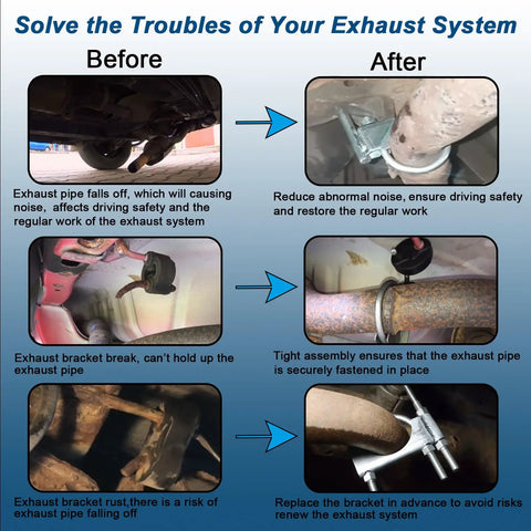 Before and after comparison showing vehicle exhaust system with Beefy Heavy Duty Universal Exhaust Clamp With Hanger For 3 Inch Exhaust Pipes Easy Install Mount For Your Vehicle Exhaust System Built To Take Rough Road Vibes.