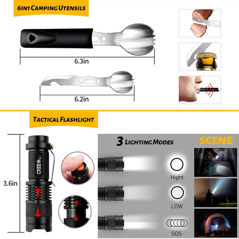 6-in-1 camping utensils and tactical flashlight from 60 In 1 Emergency Survival Gear Kit featuring knife, spork, and bottle opener.