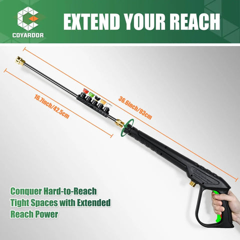 3600 PSI Pressure Washer Gun Kit with Extension Wand Nozzle Holder, shown in side view with spray tips and brass fittings