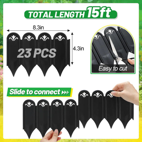 Thickened Sturdy Garden Edging 15Ft Raised 4.3 Inch Plastic Flower Bed Border shown in 23-piece set and connection detail