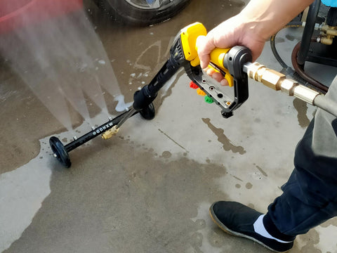 Person using High Power Pressure Washer Gun With Adjustable Pressure, Extension Wand, Quick Connect, 5 Nozzle Tips in action