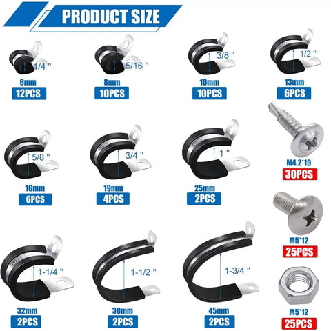 136 Piece Cable Clamps Kit in 304 Stainless Steel With Rubber Cushioned Grip, 10 Sizes From One Quarter Inch To One And Three Quarters Inch, Includes Screws, Rustproof Waterproof Oil Resistant for Automotive Wiring And Pipe Clamps; various clamp sizes displayed with screws.