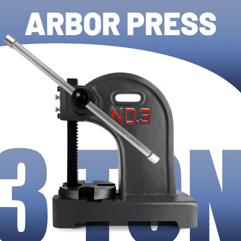 Three Ton Arbor Press Cut From Solid Cast Iron With Twelve Inch Stroke, compact manual bench press for tough jobs.
