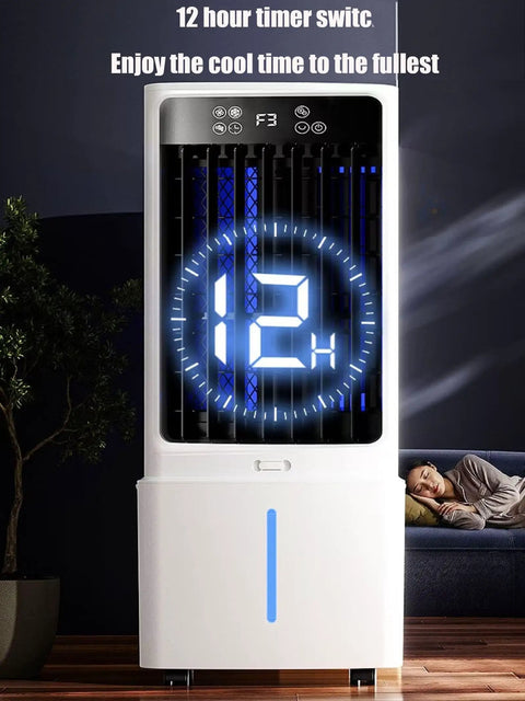 Portable Evaporative Swamp Cooler Game Changer With 10L Tank 12 Hour Timer Auto Oscillation illuminated display with user relaxing nearby.
