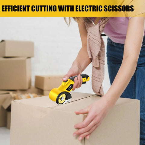 Person using Cordless Electric Scissors With LED Light For Precise Cutting on cardboard box, showing rechargeable 4V rotary box cutter.