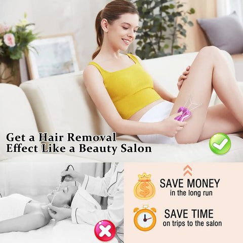 Woman using Womens Facial Hair Remover Epilator and Trimmer for lip cheek arm and ear hairs at home pain free pink tool