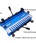 Heavy Duty 12 Inch Dovetail Jig And Mortising Guide For Slick Drawer And Cabinet Joinery Cuts That Fit Smooth As Silk On Ridiculously Strong Woodworking Projects, showing blue aluminum jig with adjustment knobs.
