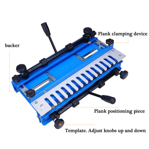 Heavy Duty 12 Inch Dovetail Jig And Mortising Guide For Slick Drawer And Cabinet Joinery Cuts That Fit Smooth As Silk On Ridiculously Strong Woodworking Projects, showing blue aluminum jig with adjustment knobs.