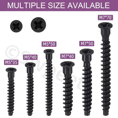 Multiple sizes of black zinc plated screws including 50Pcs M7 X 40mm Black Zinc Plated Confirmat Screws Set With Phillips Drive.