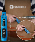 Hella Versatile Mini Cordless Rotary Tool With Five Speed Settings Up To Fifteen Thousand Rpm And A Knockout Forty Three Piece Accessory Kit For Engraving Drilling Sanding And Detailing in blue, compact design, being held and stored in a pocket.