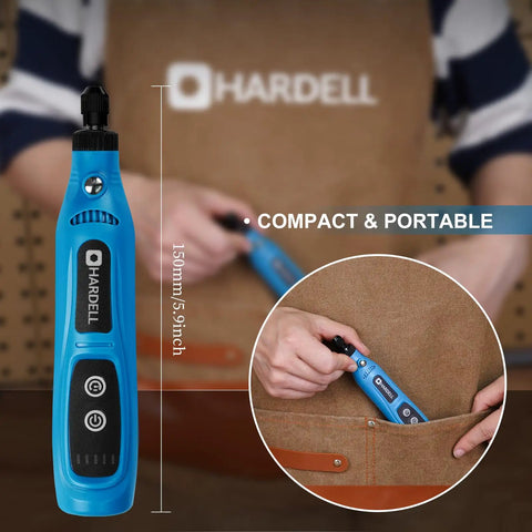 Hella Versatile Mini Cordless Rotary Tool With Five Speed Settings Up To Fifteen Thousand Rpm And A Knockout Forty Three Piece Accessory Kit For Engraving Drilling Sanding And Detailing in blue, compact design, being held and stored in a pocket.