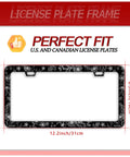 Floral Line Art License Plate Frame With Stainless Steel Durability Beautiful Flower Design That Pops Fits Standard US And Canada Vehicles Includes Screws And Caps 12.2 By 6 Inches Two Hole Mount Car Decor Accessory displayed with size dimensions.