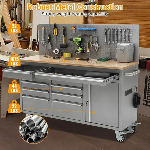61 Inch Rolling Tool Chest With 10 Drawers And Rubber Wood Top For Boss Level Garage Tool Storage Cabinet With Power Strip Locking System Drawer Liners 1675 Lbs Capacity For Garage Shop And Warehouse Silver